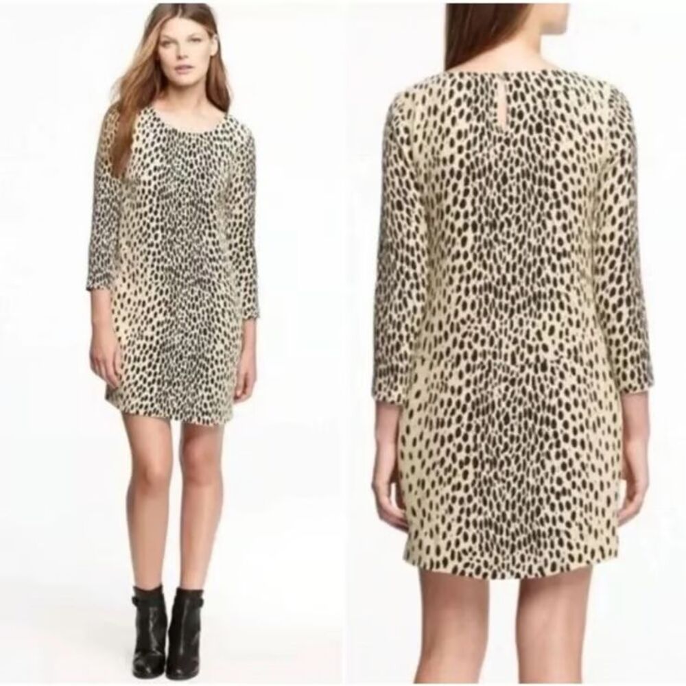 J.Crew Shift Dress Women 10 Tan Leopard Print Silk Blend Long Sleeve Crewneck